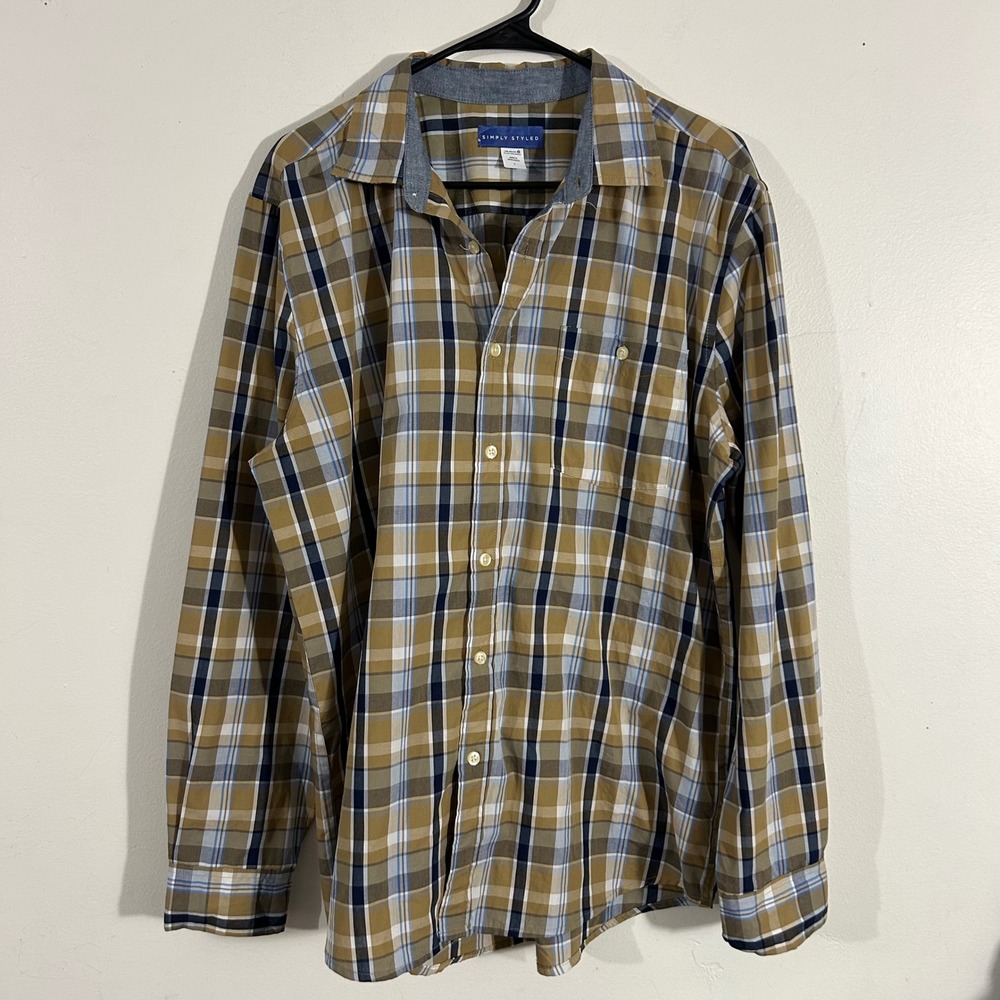 Simply Styled Plaid Button Down Mens Large Tan Blue Excellent Casual Workwear